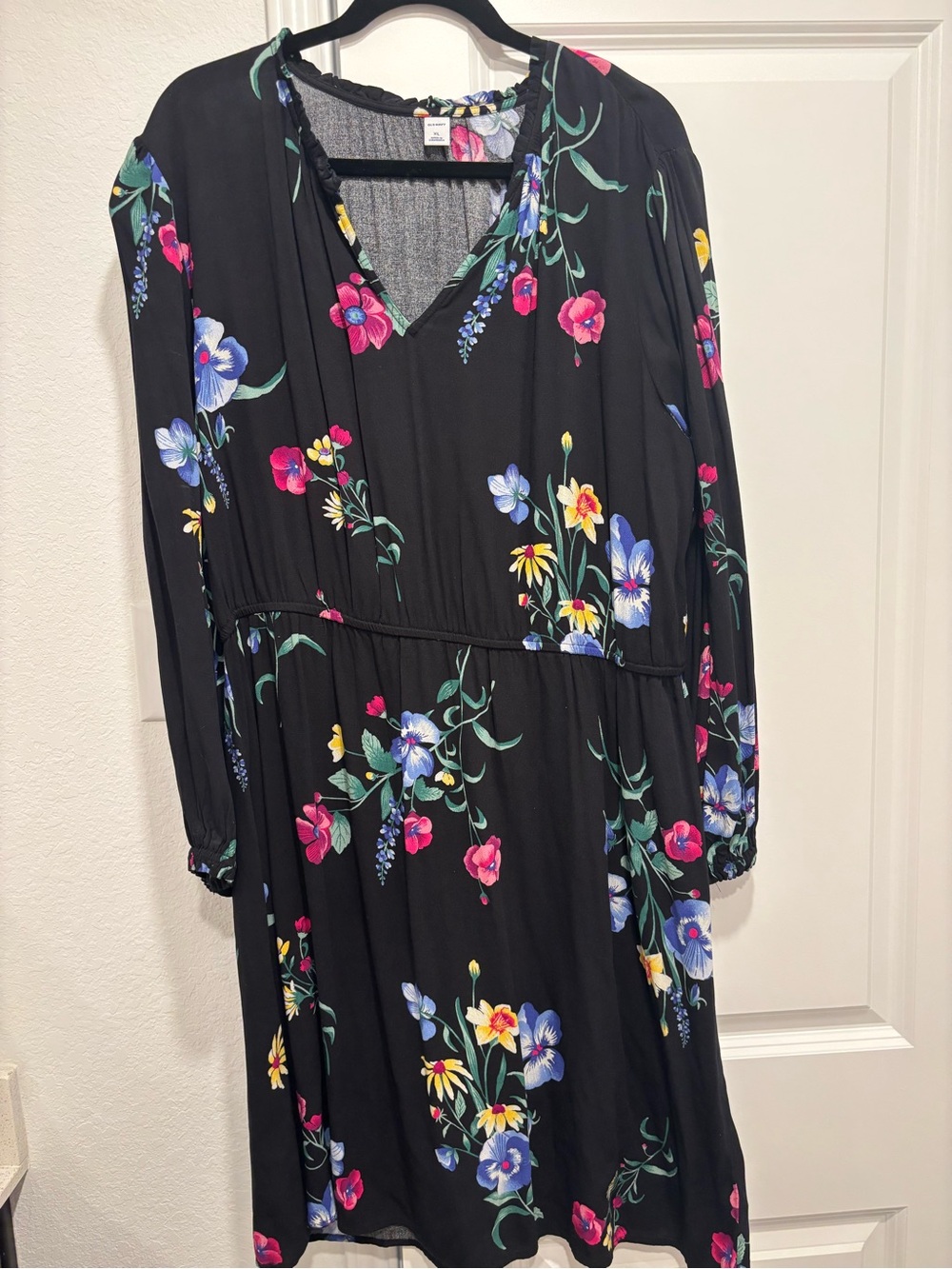 Old Navy Black Long Sleeve Floral V-Neck Dress with Pink, Blue & Yellow Blooms